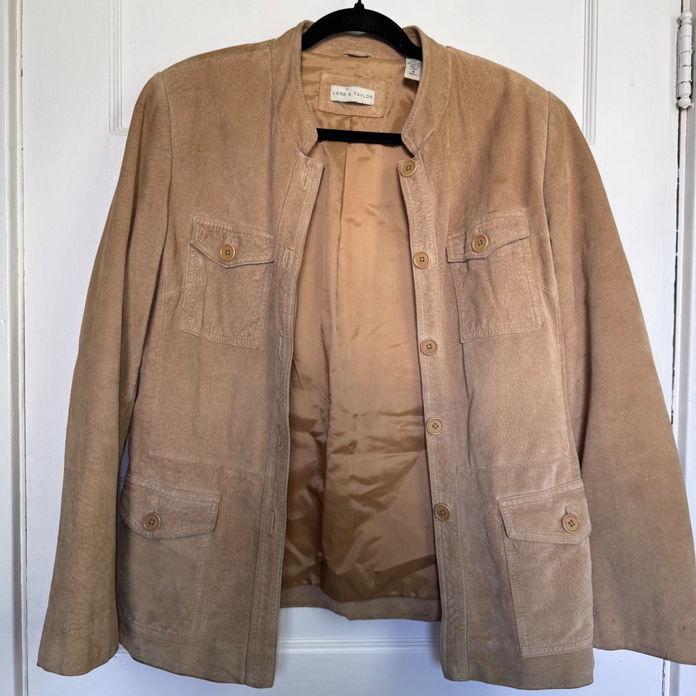 Lord & Taylor Tan Suede Leather Jacket Button Front Utility Safari Coat Size 8